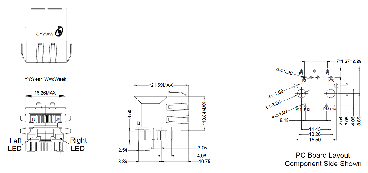 寸法仕様例:PoE 10/100BASE 対応 RJ45 マグジャック 寸法仕様例:PoE 10/100BASE 対応 RJ45 マグジャック
