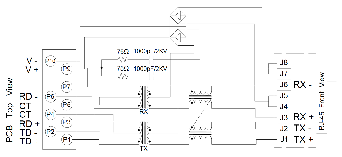 内部回路例:PoE 10/100BASE 対応 RJ45 マグジャック 内部回路例:PoE 10/100BASE 対応 RJ45 マグジャック